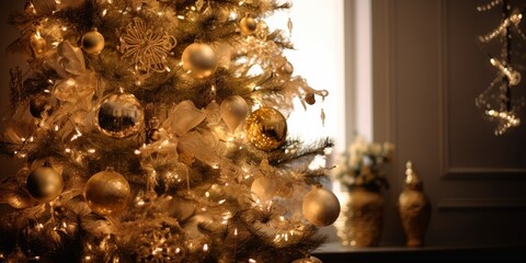 Elegant Christmas tree with golden decorations