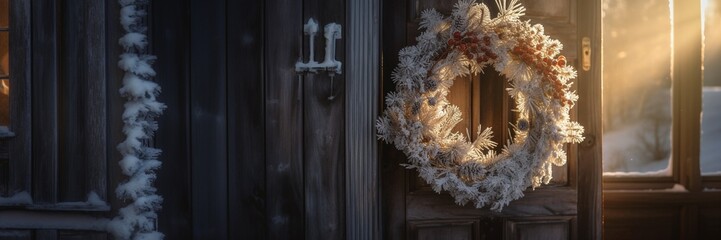 Frosted wreath hanging on wooden door