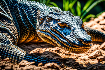 Fototapeta premium Inca Shirkran (Komodo Dragon): Found on Komodo Island in Indonesia, the Inca Shirkran is known as the world's largest venomous snake and is a carnivore that hunts other animals.