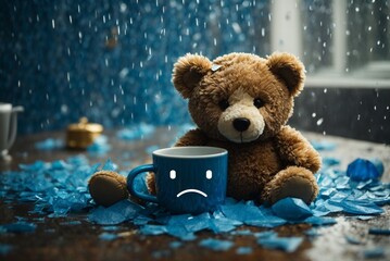 Blue Monday with Paper Rain, Sad teddy bear and mug coffee cries. - obrazy, fototapety, plakaty