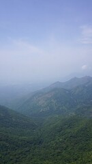 Naklejka premium Beautiful dense green lush landscapes of kodaikanal hillstation filled with mist and cloudy sky.