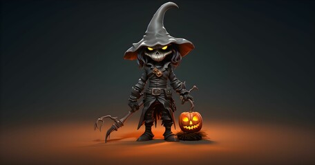 AI generated illustration of a small cartoon Halloween character with a jack-o-lantern