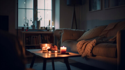 AI-generated illustration of a cozy living room with lit candles on a table.