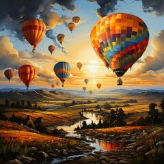 AI generated illustration of multicolored hot air balloons drifting across a sunset sky