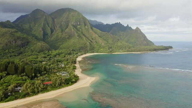 Aerial view of Tunnels beach and Na Pali coast at sunrise, Kauai island, Hawaii