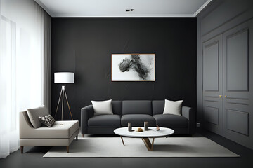 Modern dark living room with luxury interior background, wall mock up, 3d render.