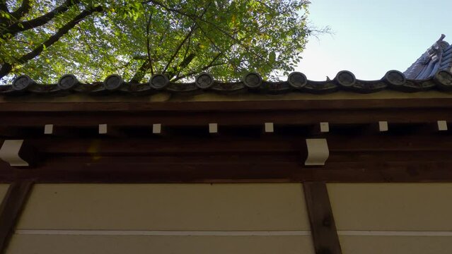An image looking up at a wall with a tiled roof.