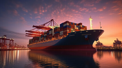 Container ship at import-export dock with quay crane. generative ai - obrazy, fototapety, plakaty