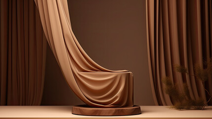 3D display podium, brown background with wood frame pedestal and flying silk cloth curtain. Nature wind. Beauty, cosmetic product presentation stand. Luxury feminine mockup 3d render advertisement, © Planetz
