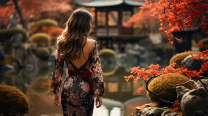 Asian woman in vibrant kimono strolls Japanese garden.