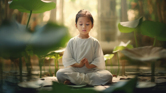 Peaceful Asian child meditating by lotus leaves.
