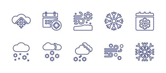 Snow line icon set. Editable stroke. Vector illustration. Containing snow storm, snow, calendar, snowflake, winter, snowfall, wind.