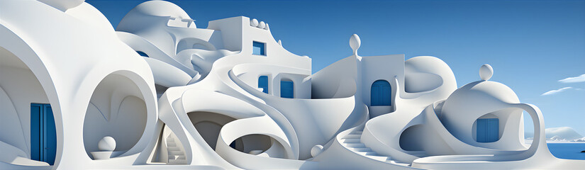 Houses made of white concrete in an amorphous style. Illustration on the theme of architecture and history, tourism and recreation. Generative AI - obrazy, fototapety, plakaty