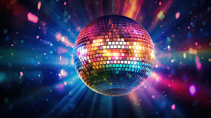 Obraz premium disco ball with lights, Glare and light reflection effect. Copy space.