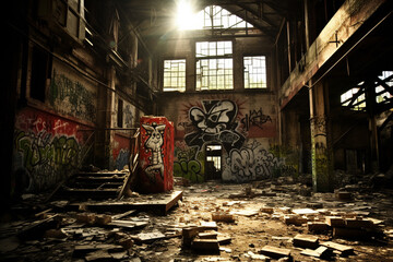 壁に落書きされた広い工場の廃墟 - obrazy, fototapety, plakaty