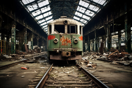 廃線となった大きな鉄道駅の廃墟