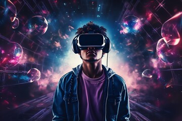 a man wears virtual reality headset in metaverse, future technology, digital native