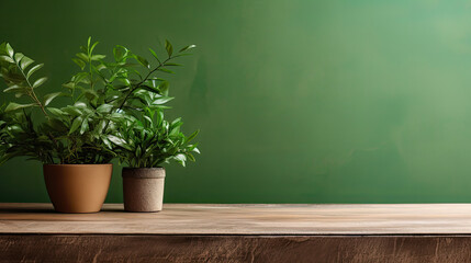 a minimalist green plants on a wooden table on a green background, copy space for text 