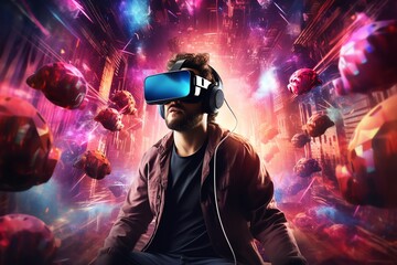 Fototapeta na wymiar a man wears virtual reality headset in metaverse, future technology, digital native
