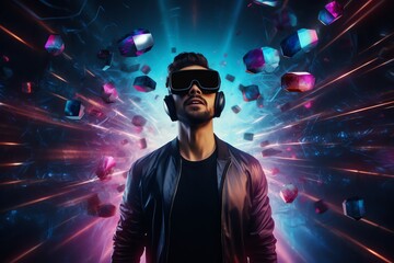 a man wears virtual reality headset in metaverse, future technology, digital native - obrazy, fototapety, plakaty