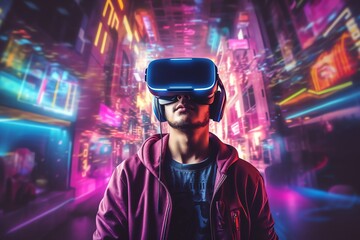 a man wears virtual reality headset in metaverse, future technology, digital native