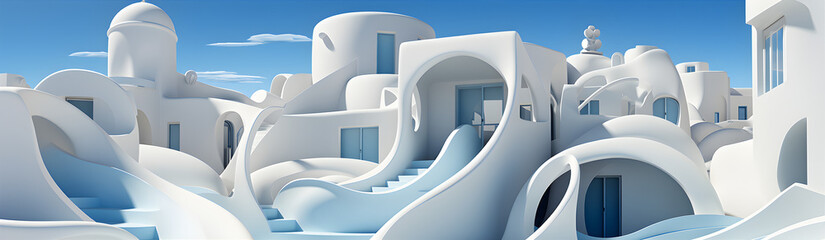 White Amorphous Shapes Of Stairs And Hotel. Illustration on the theme of architecture and history, tourism and recreation. Generative AI - obrazy, fototapety, plakaty