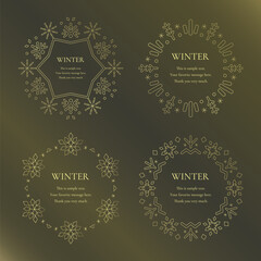 素材_フレームのセット_雪の結晶と光をモチーフにした冬の飾り枠。金色の高級感のある囲みのデザイン