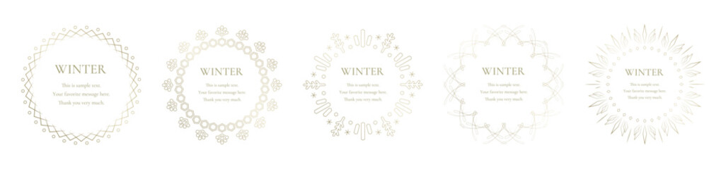 素材_フレームのセット_雪の結晶と光をモチーフにした冬の飾り枠。金色の高級感のある囲みのデザイン