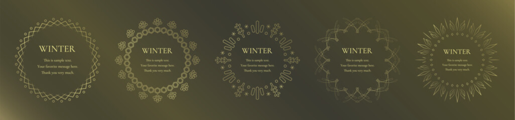 素材_フレームのセット_雪の結晶と光をモチーフにした冬の飾り枠。金色の高級感のある囲みのデザイン