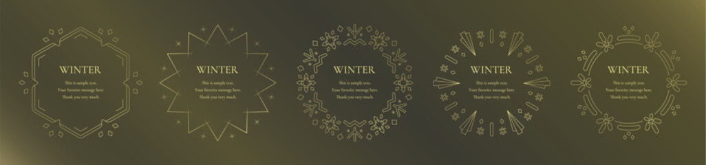 素材_フレームのセット_雪の結晶と光をモチーフにした冬の飾り枠。金色の高級感のある囲みのデザイン