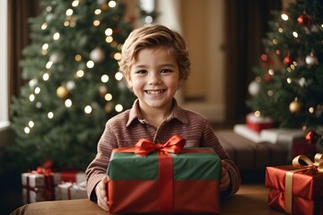 boy smiling with christmas presents