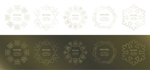 素材_フレームのセット_雪の結晶と光をモチーフにした冬の飾り枠。金色の高級感のある囲みのデザイン