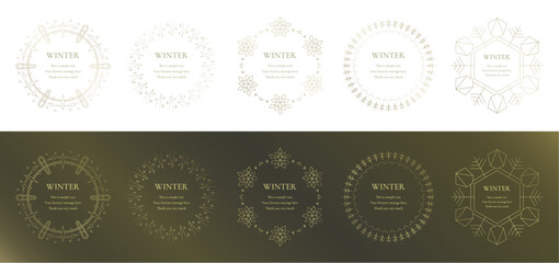 素材_フレームのセット_雪の結晶と光をモチーフにした冬の飾り枠。金色の高級感のある囲みのデザイン