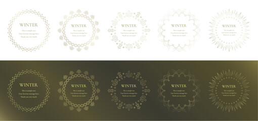 素材_フレームのセット_雪の結晶と光をモチーフにした冬の飾り枠。金色の高級感のある囲みのデザイン