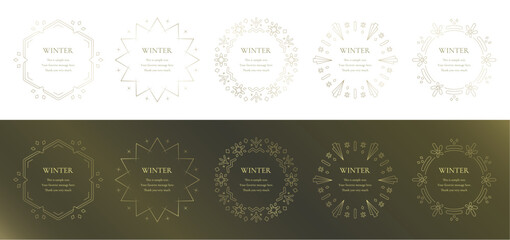 素材_フレームのセット_雪の結晶と光をモチーフにした冬の飾り枠。金色の高級感のある囲みのデザイン