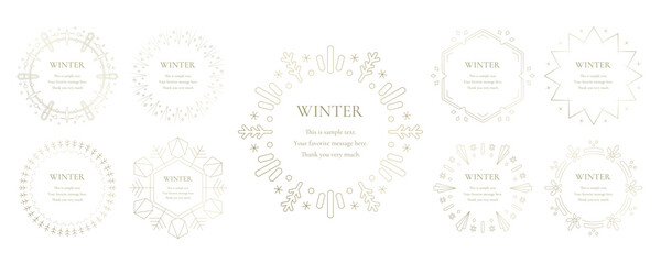 素材_フレームのセット_雪の結晶と光をモチーフにした冬の飾り枠。金色の高級感のある囲みのデザイン