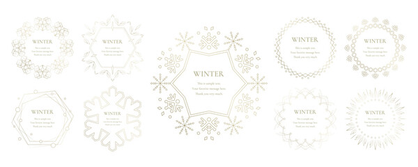 素材_フレームのセット_雪の結晶と光をモチーフにした冬の飾り枠。金色の高級感のある囲みのデザイン