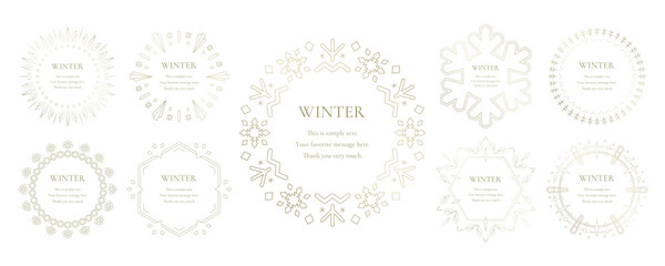 素材_フレームのセット_雪の結晶と光をモチーフにした冬の飾り枠。金色の高級感のある囲みのデザイン