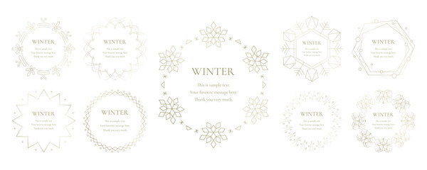 素材_フレームのセット_雪の結晶と光をモチーフにした冬の飾り枠。金色の高級感のある囲みのデザイン