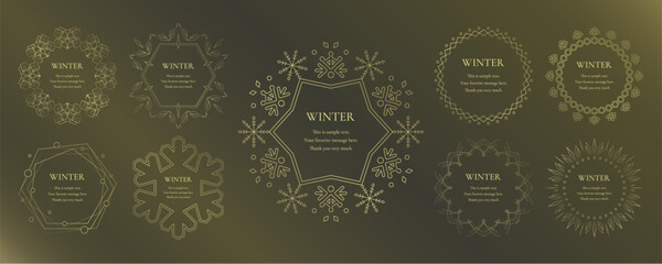 素材_フレームのセット_雪の結晶と光をモチーフにした冬の飾り枠。金色の高級感のある囲みのデザイン