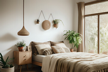 Cozy sustainable bedroom in natural colors with wooden cabinet furniture, stylish cabinet interior,...