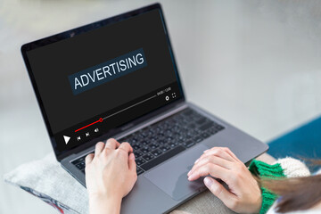 Human use laptop with web advertising analysis, ad, online content, freelance, sale, promote, content creator, campaign, Ads, digital, marketing, branding, E-commerce, blog online technology at home