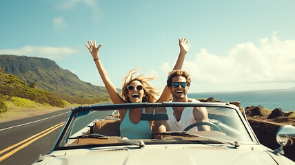 Happy couple driving a convertible on the seaside road - obrazy, fototapety, plakaty
