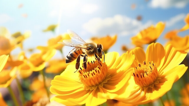 bee and beautiful yellow flower spring summer season