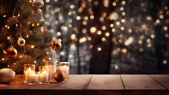 Festive wooden table background with Christmas tree lights outdoor, christmas tree with lights