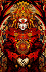 Illustration of Joker cards in mandala pattern, red, brown and black, vintage luxury colors Royal Clown 