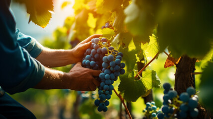 worker hand picking grape in the garden. - obrazy, fototapety, plakaty