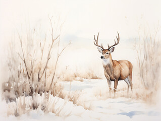 A Minimal Watercolor of a Deer in a Winter Setting