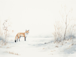 A Minimal Watercolor of a Fox in a Winter Setting