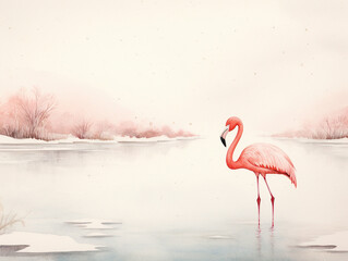A Minimal Watercolor of a Flamingo in a Winter Setting